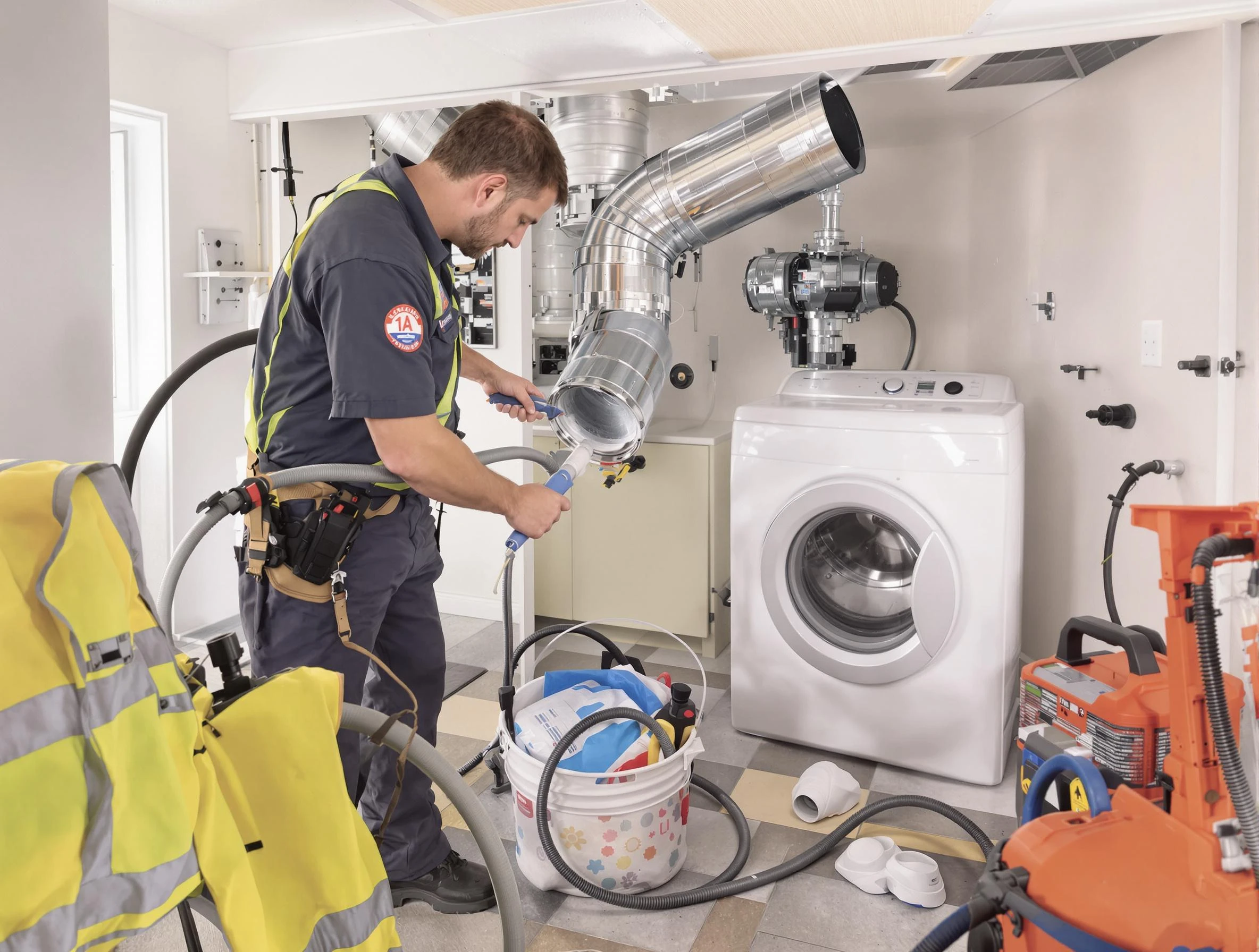 Glendale Dryer Vent Cleaning technician using specialized equipment to clear severe dryer vent blockage in Glendale